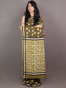 Asparagus Green White Black Bagru Dabu Hand Block Printed in Cotton Mul Saree - S03170868