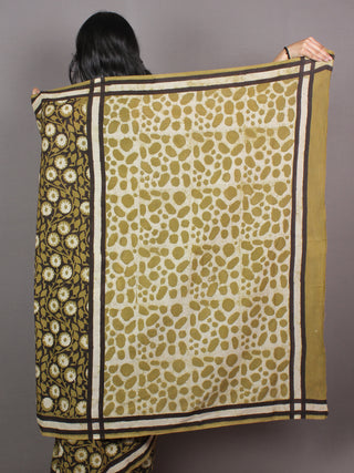Asparagus Green White Black Bagru Dabu Hand Block Printed in Cotton Mul Saree - S03170868