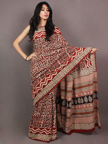 Ivory Red Black Bagru Dabu Hand Block Printed in Cotton Mul Saree - S03170869