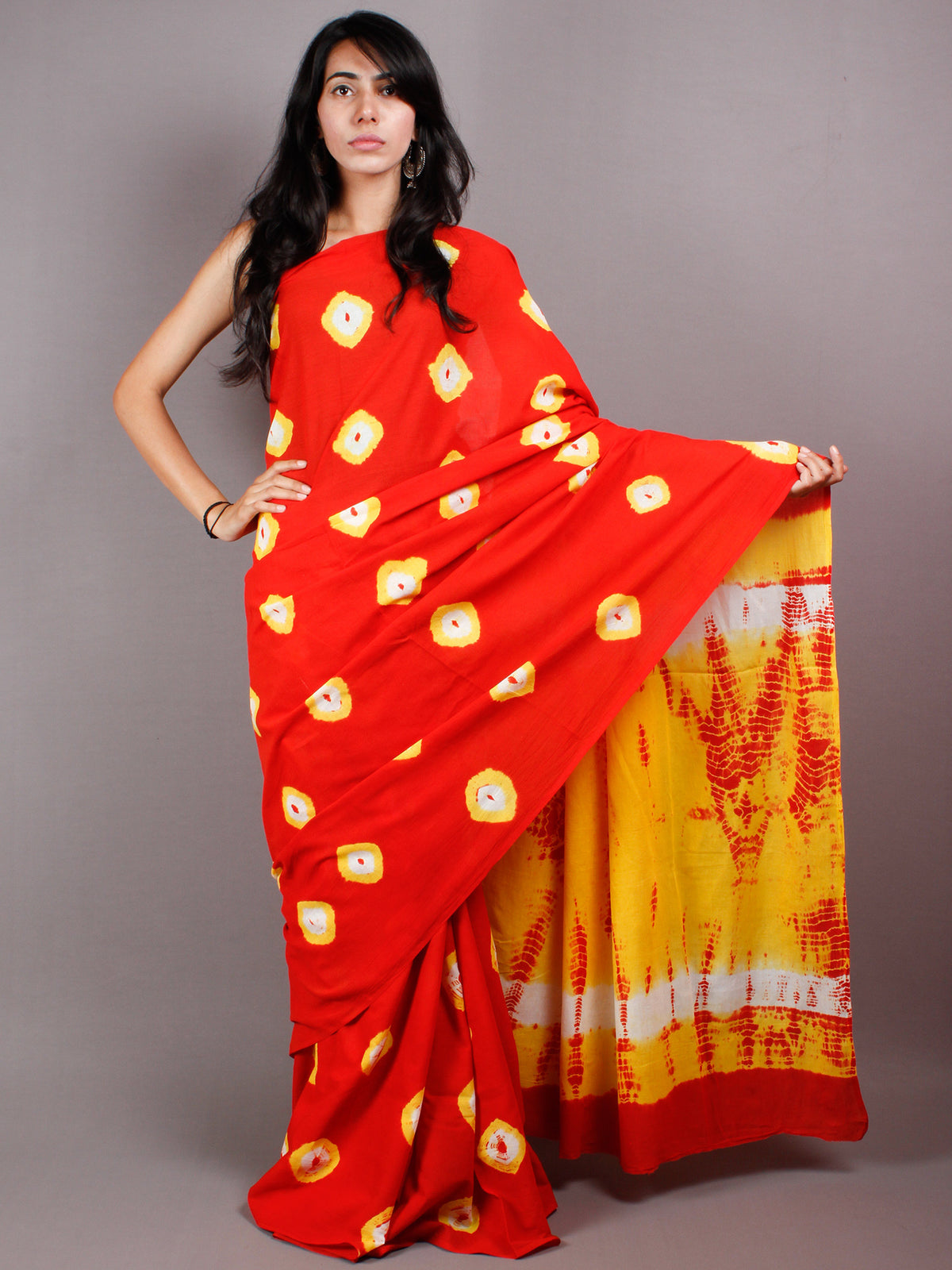 Scarlet Red Yellow Ivory Shibori Dyed Cotton Mul Saree  - S03170450