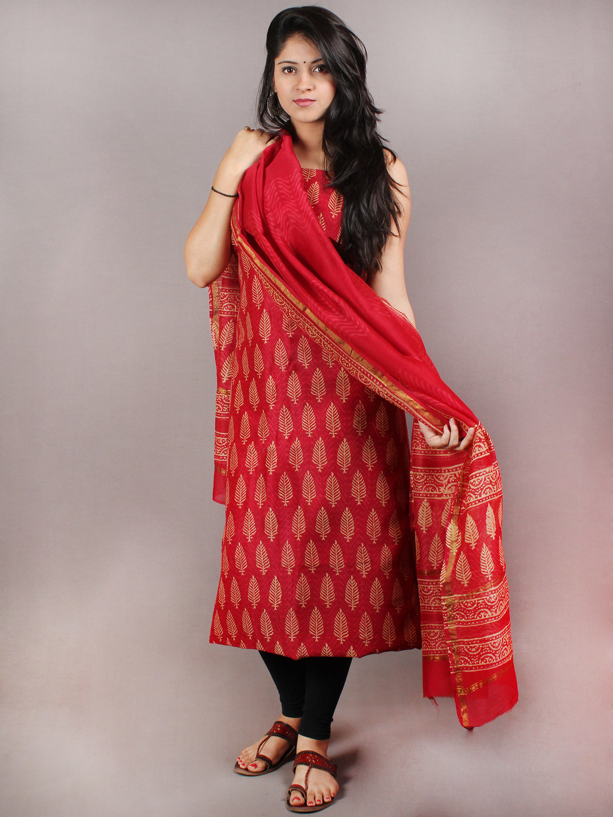 Deep Red Beige Hand Block Printed Chanderi Kurta-Salwar Fabric With Chanderi Dupatta - S1628087