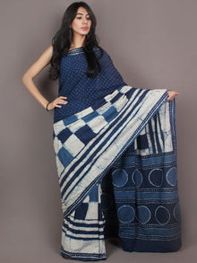 Indigo White Bagru Dabu Hand Block Printed in Cotton Mul Saree - S03170872