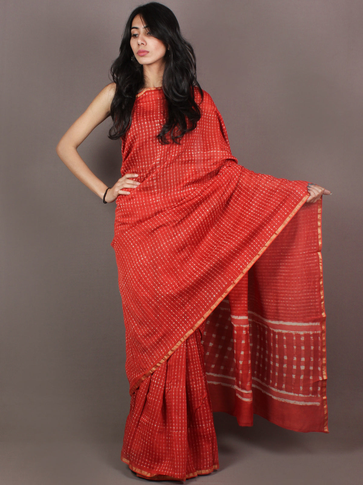 Red White Hand Block Printed in Natural Colors Chanderi Saree - S03170874