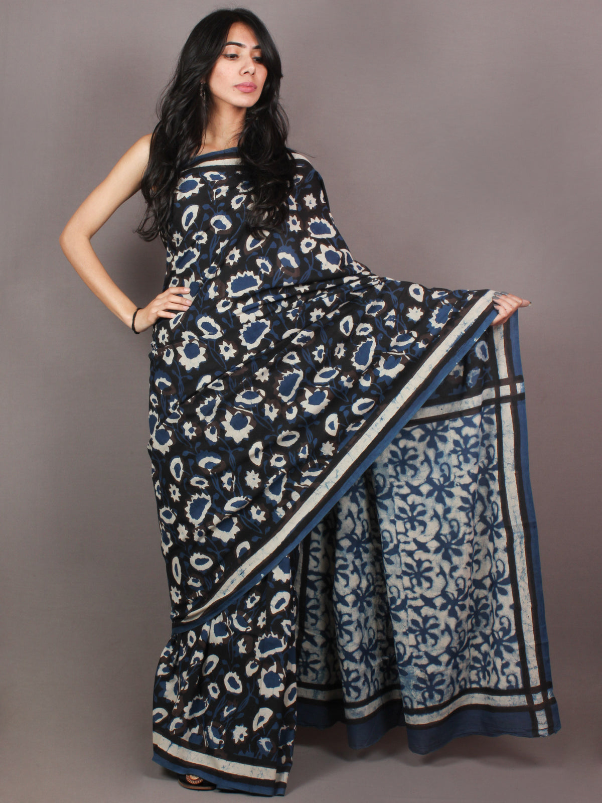 Black Indigo White Bagru Dabu Hand Block Printed in Cotton Mul Saree - S03170876