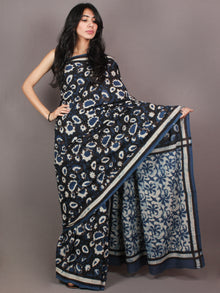 Black Indigo White Bagru Dabu Hand Block Printed in Cotton Mul Saree - S03170876