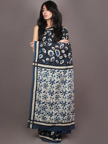 Black Indigo White Bagru Dabu Hand Block Printed in Cotton Mul Saree - S03170876