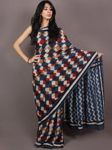 Indigo White Maroon Bagru Dabu Hand Block Printed in Cotton Mul Saree - S03170878