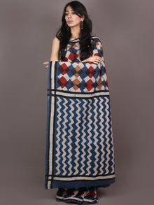 Indigo White Maroon Bagru Dabu Hand Block Printed in Cotton Mul Saree - S03170878