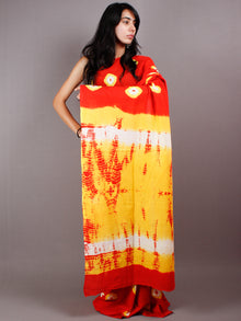 Scarlet Red Yellow Ivory Shibori Dyed Cotton Mul Saree  - S03170450
