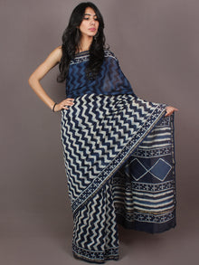 Indigo White Hand Block Printed in Natural Colors Chanderi Saree - S03170880