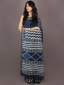 Indigo White Hand Block Printed in Natural Colors Chanderi Saree - S03170880