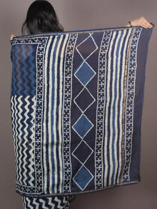Indigo White Hand Block Printed in Natural Colors Chanderi Saree - S03170880