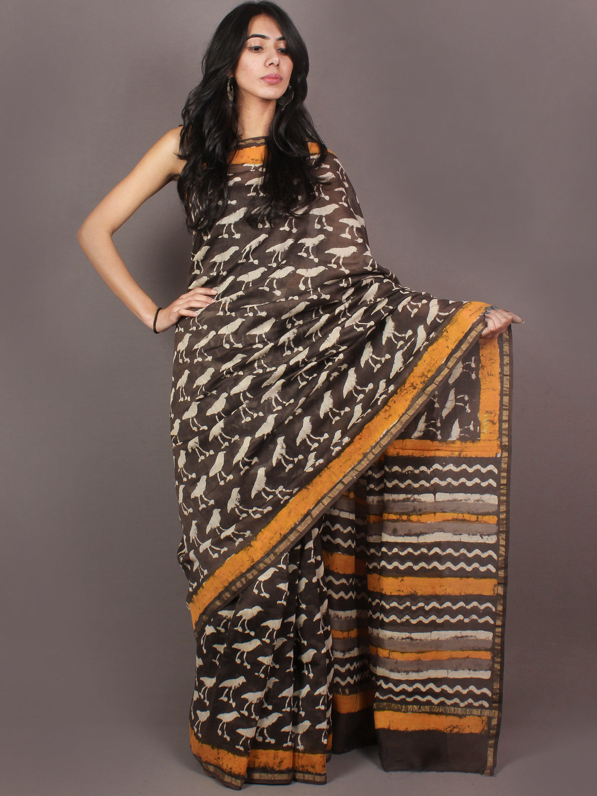 Brown White Yellow Hand Block Printed in Natural Colors Chanderi Saree - S03170881