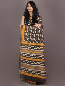 Brown White Yellow Hand Block Printed in Natural Colors Chanderi Saree - S03170881