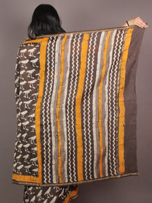 Brown White Yellow Hand Block Printed in Natural Colors Chanderi Saree - S03170881