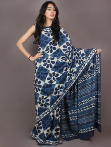 Indigo White Bagru Dabu Hand Block Printed in Cotton Mul Saree - S03170882