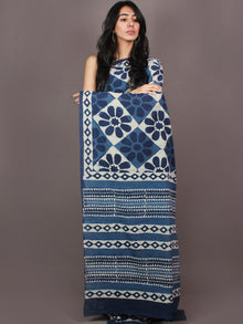 Indigo White Bagru Dabu Hand Block Printed in Cotton Mul Saree - S03170882