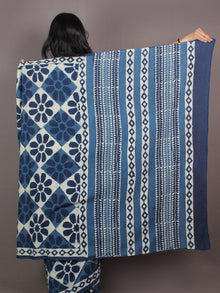Indigo White Bagru Dabu Hand Block Printed in Cotton Mul Saree - S03170882