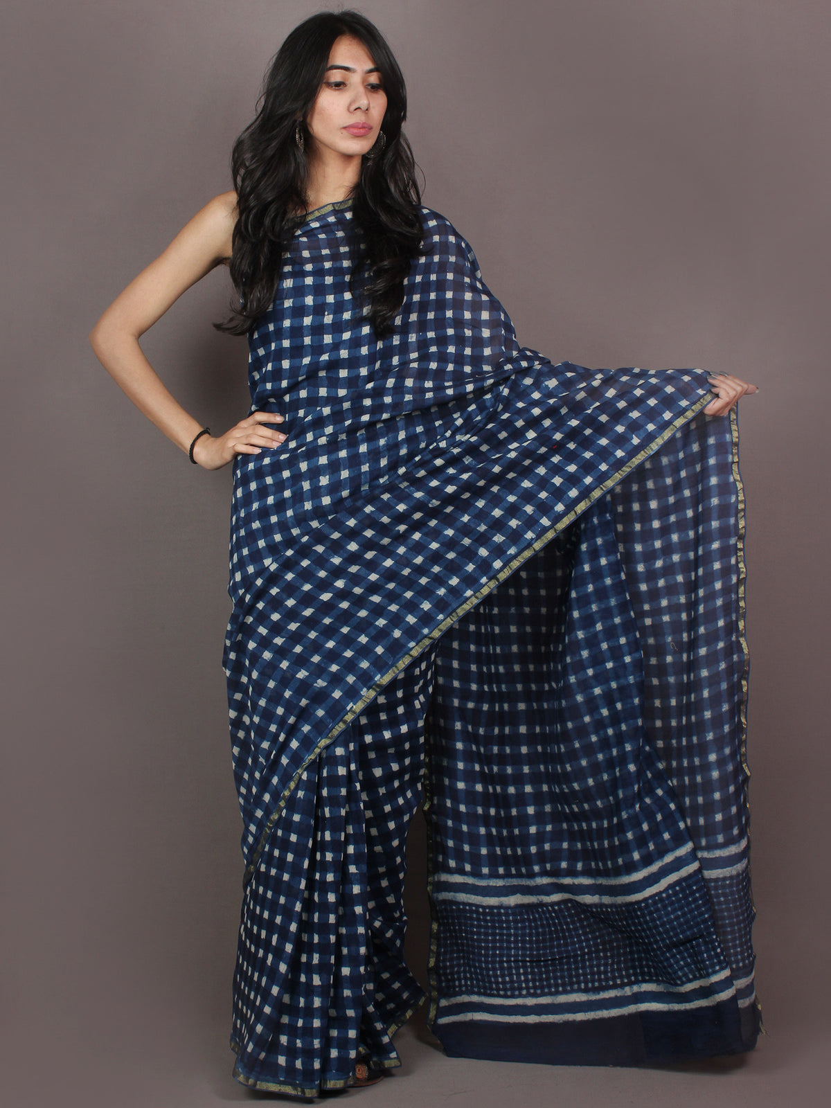 Indigo White Hand Block Printed in Natural Colors Chanderi Saree - S03170885