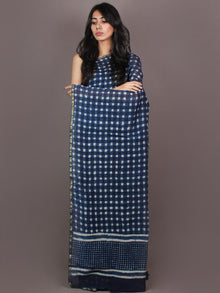 Indigo White Hand Block Printed in Natural Colors Chanderi Saree - S03170885