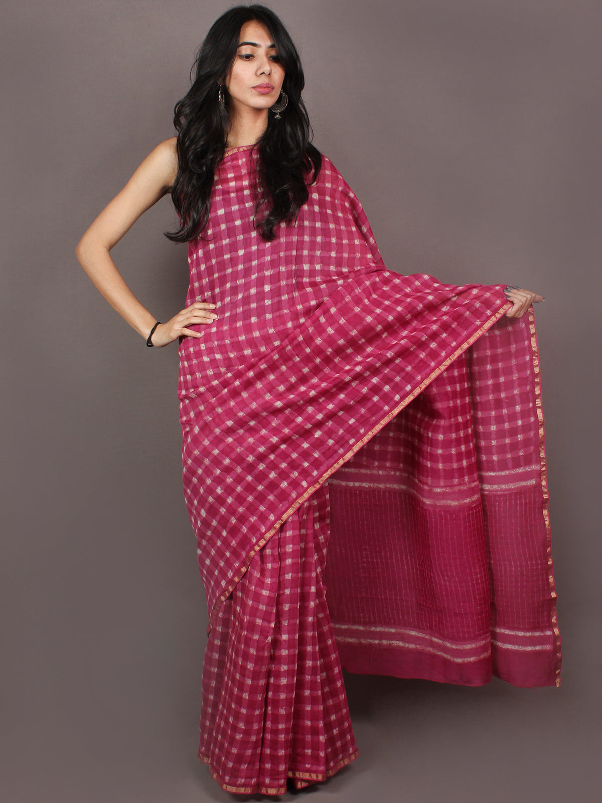 Pink White Hand Block Printed in Natural Colors Chanderi Saree - S03170886