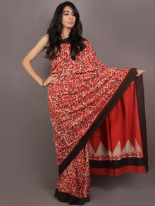 Brown Red White Bagru Dabu Hand Block Printed in Cotton Mul Saree With Brown Border - S03170889