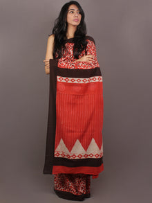 Brown Red White Bagru Dabu Hand Block Printed in Cotton Mul Saree With Brown Border - S03170889