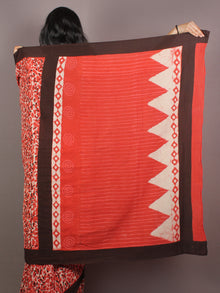 Brown Red White Bagru Dabu Hand Block Printed in Cotton Mul Saree With Brown Border - S03170889
