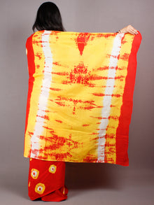 Scarlet Red Yellow Ivory Shibori Dyed Cotton Mul Saree  - S03170450