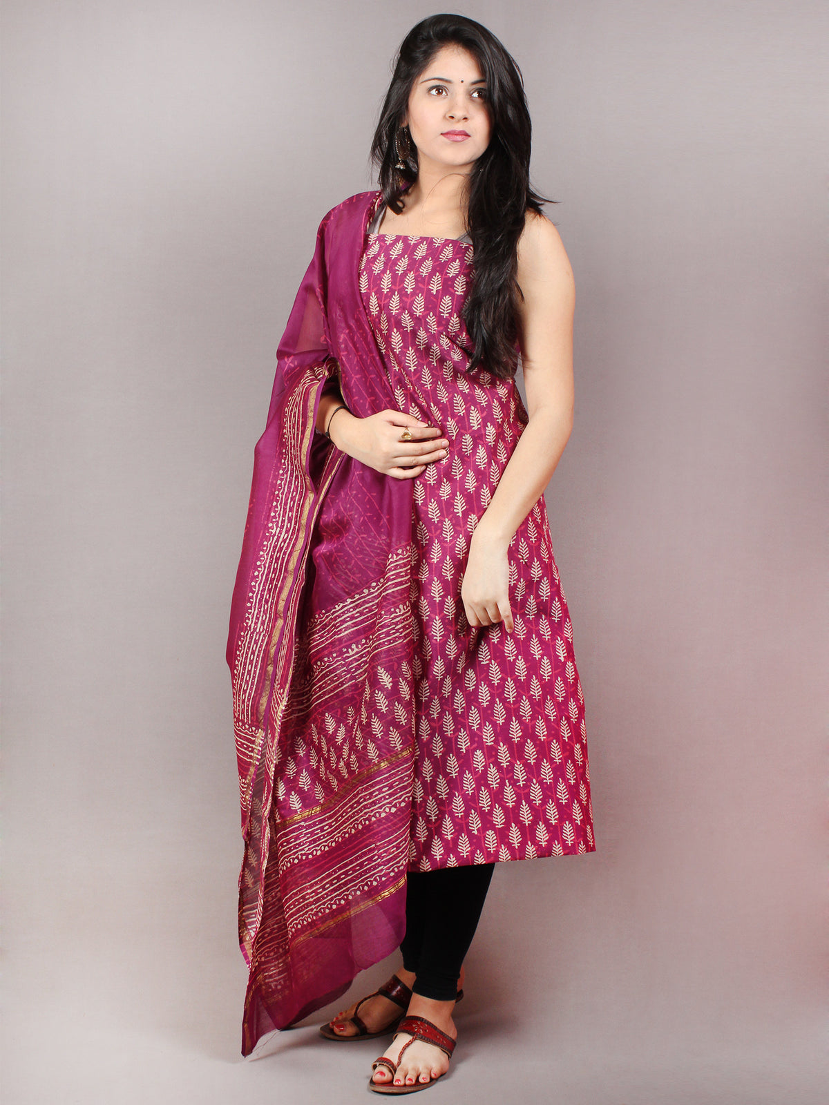 Fandango Pink Beige Hand Block Printed Chanderi Kurta-Salwar Fabric With Chanderi Dupatta - S1628089