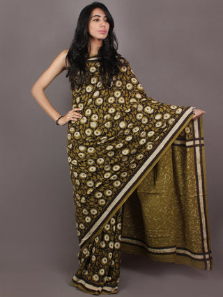 Asparagus Green White Brown Bagru Dabu Hand Block Printed in Cotton Mul Saree - S03170890