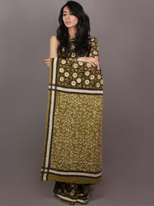Asparagus Green White Brown Bagru Dabu Hand Block Printed in Cotton Mul Saree - S03170890