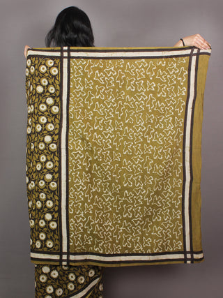 Asparagus Green White Brown Bagru Dabu Hand Block Printed in Cotton Mul Saree - S03170890