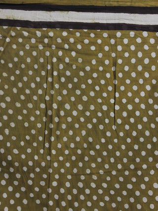 Asparagus Green White Brown Bagru Dabu Hand Block Printed in Cotton Mul Saree - S03170890
