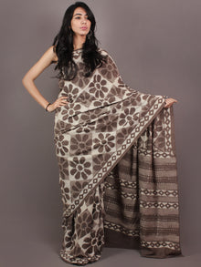 Brown White Beige Bagru Dabu Hand Block Printed in Cotton Mul Saree - S03170891