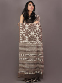 Brown White Beige Bagru Dabu Hand Block Printed in Cotton Mul Saree - S03170891