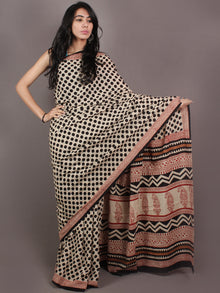 Beige Black Red Bagru Dabu Hand Block Printed Polka Dots in Cotton Mul Saree - S03170894