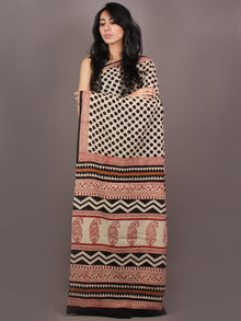 Beige Black Red Bagru Dabu Hand Block Printed Polka Dots in Cotton Mul Saree - S03170894