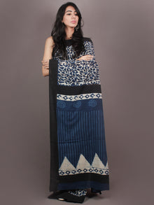 Black Indigo White Bagru Dabu Hand Block Printed in Cotton Mul Saree - S03170896
