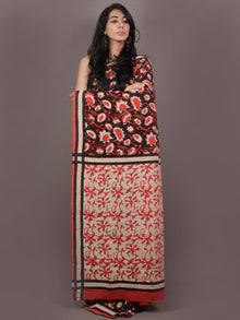 Black Red White Bagru Dabu Hand Block Printed in Cotton Mul Saree - S03170897