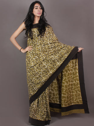 Asparagus Green White Brown Bagru Dabu Hand Block Printed in Cotton Mul Saree - S03170898