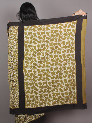 Asparagus Green White Brown Bagru Dabu Hand Block Printed in Cotton Mul Saree - S03170898
