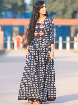 Indigo White Maroon Hand Block Cotton Dress Voluminous Flare