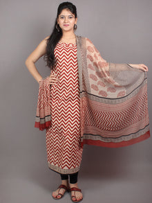 Red Beige Black Hand Block Printed Cotton Suit-Salwar Fabric With Chiffon Dupatta - S1628049