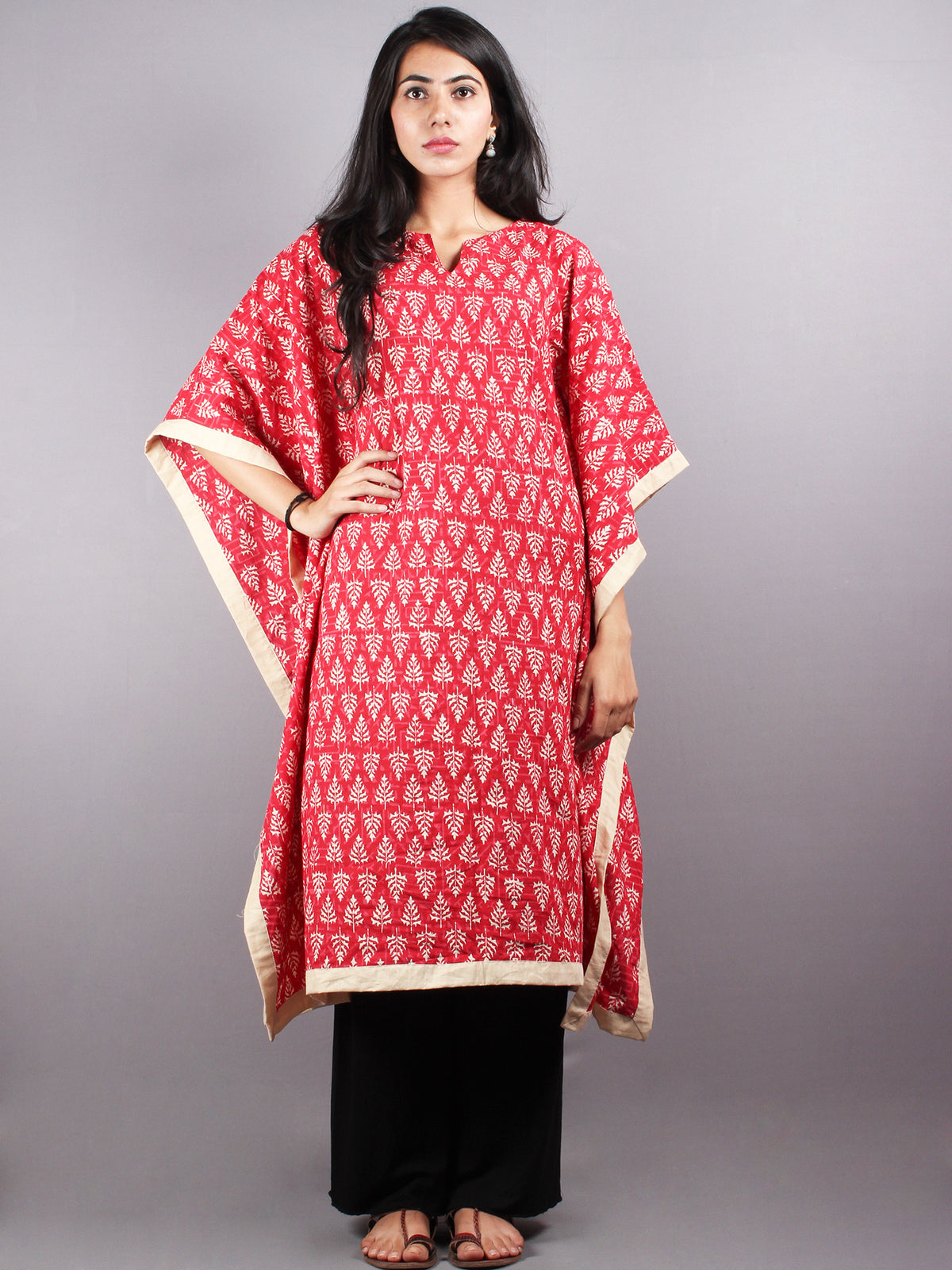Red Hand Block Printed Kaftan With Beige Border - K1159F09