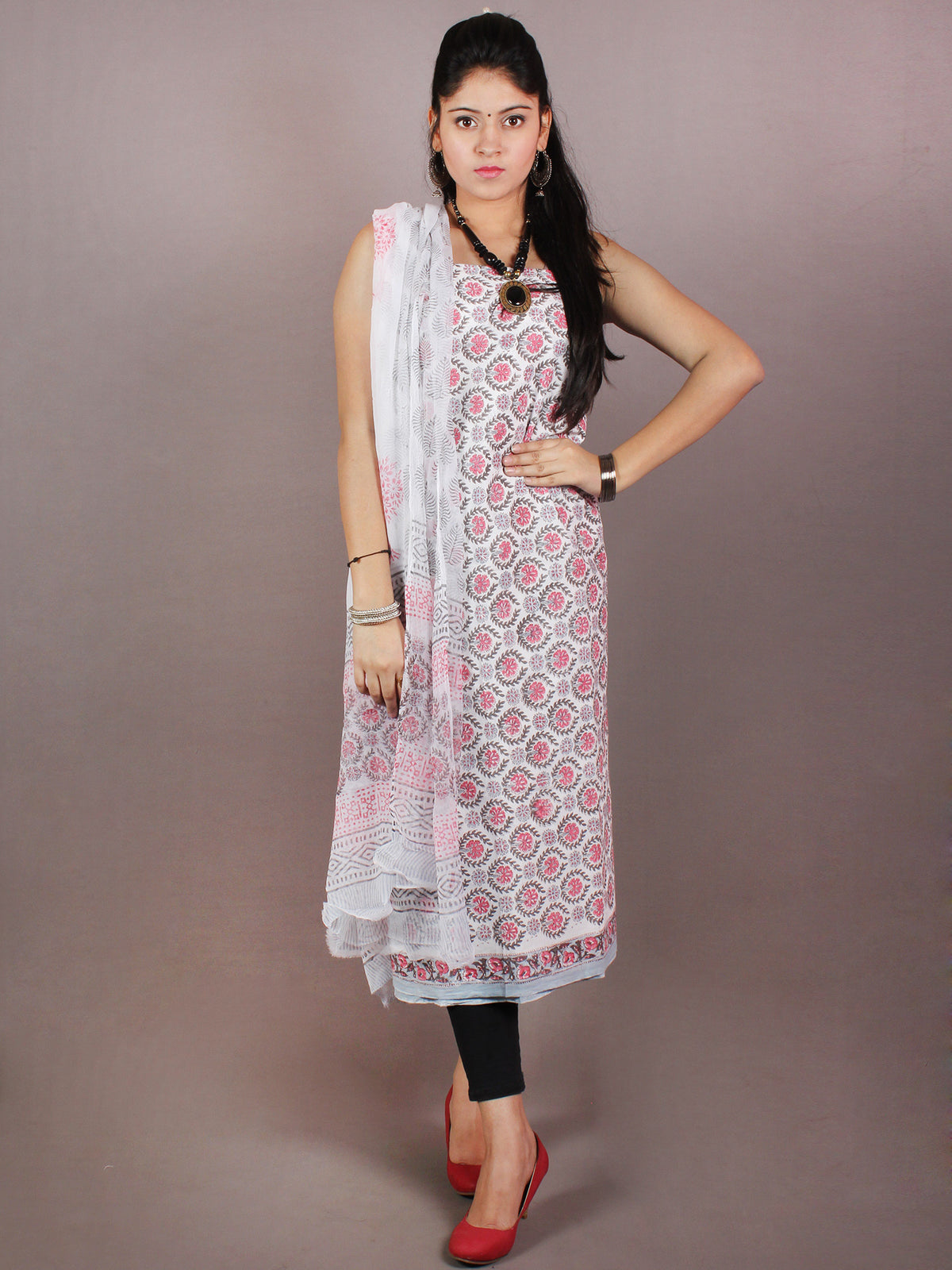 White Grey Pink Hand Block Printed Cotton Suit-Salwar Fabric With Chiffon Dupatta - S1628101