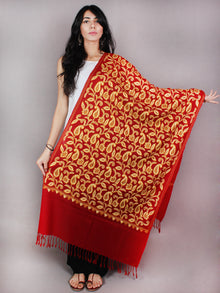 Maroon Aari Embroidery Paisley Jal Pure Wool Stole from Kashmir - S6317081