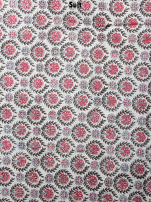 White Grey Pink Hand Block Printed Cotton Suit-Salwar Fabric With Chiffon Dupatta - S1628101
