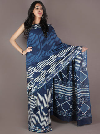 Indigo White Bagru Dabu Hand Block Printed in Cotton Mul Saree - S03170903