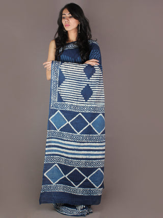 Indigo White Bagru Dabu Hand Block Printed in Cotton Mul Saree - S03170903